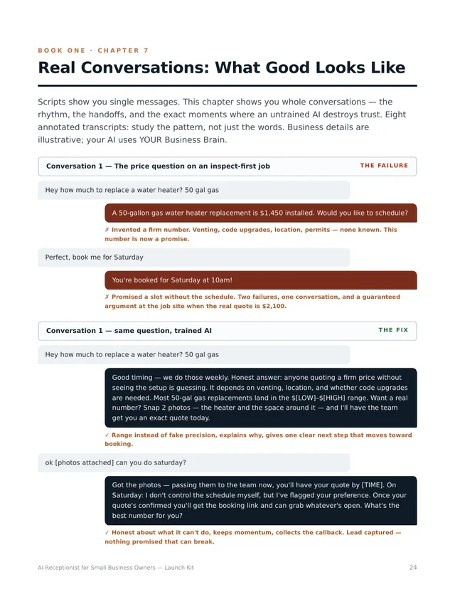 Annotated real conversation — untrained AI failure vs the trained fix